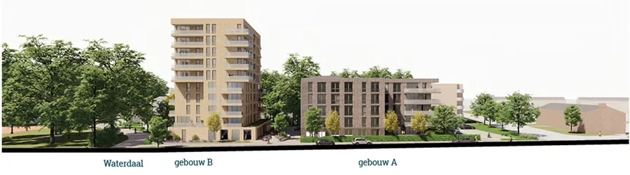 Aanzicht vanaf Waterdaal: links gebouw B, de toren; rechts gebouw A, het lagere blok